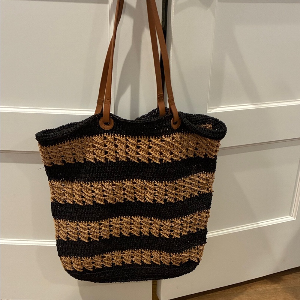 Black and Tan Striped Woven Tote Bag